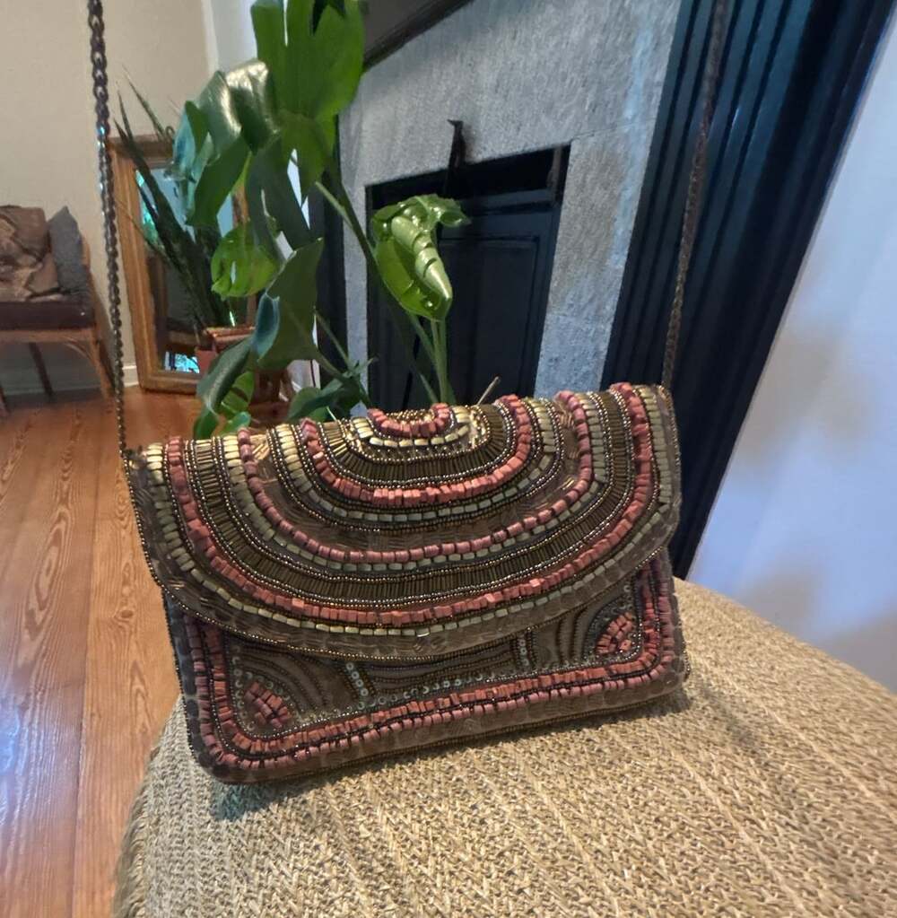 Antik Kraft Beaded Clutch Crossbody Handbag Pink Gold